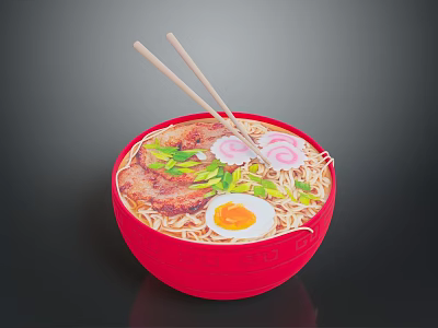 Delicious Ramen In Red Bowl With Soft Boiled Egg Pork Slice And Green Vegetables 3d model