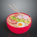 Delicious Ramen In Red Bowl With Soft Boiled Egg Pork Slice And Green Vegetables