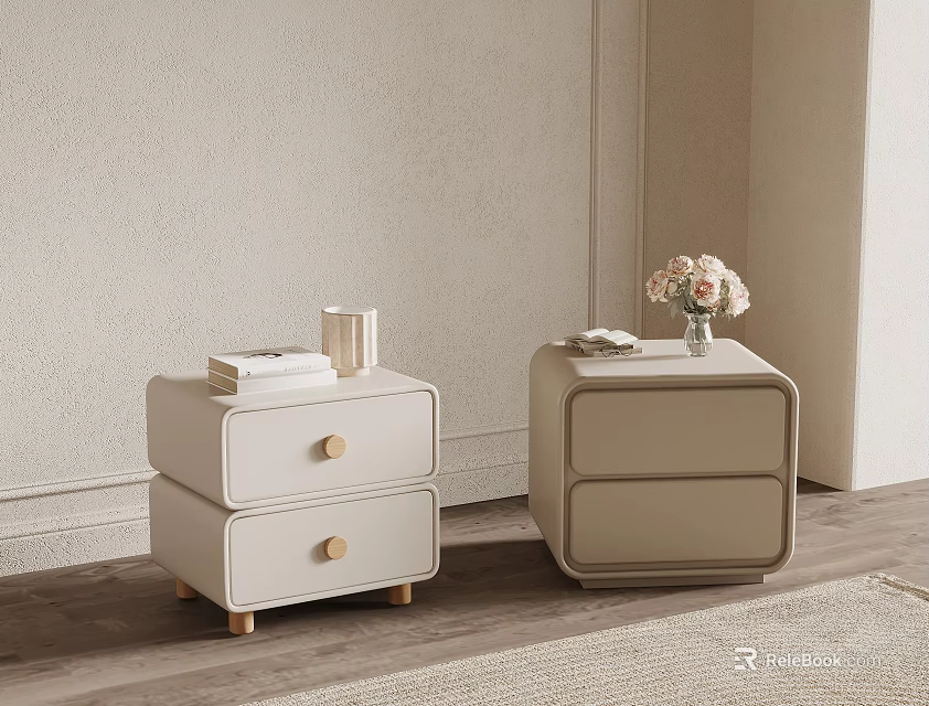 Light Toned Two Drawer Bedside Tables With Books Cup And Flower Vase 3d model 