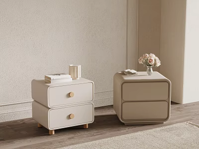 Light Toned Two Drawer Bedside Tables With Books Cup And Flower Vase 3d model