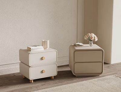 Light Toned Two Drawer Bedside Tables With Books Cup And Flower Vase 3d model