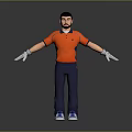 Man Arms Outstretched Orange Polo Shirt Dark Blue Pants White Gloves Blue Sneakers Gray Background