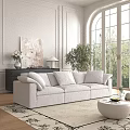 Elegant Living Room With White Sofa Arched Windows Green Plant And Artwork