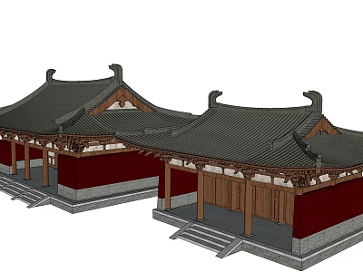Ancient Chinese Architecture Featuring Tiled Roof Upturned Eaves Red Walls And Wooden Beams 3d model
