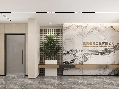 Modern Office Reception Area With Marble Wall Plant And Elegant Front Desk 3d model