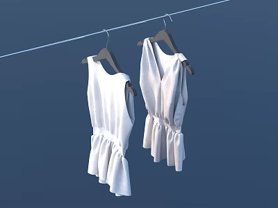 Two White Sleeveless Pleated Dresses Hanging On Clothesline Against Blue Background 3d model