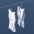 Two White Sleeveless Pleated Dresses Hanging On Clothesline Against Blue Background