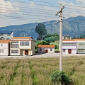 Rural Village View With Houses Solar Panels Wheat Field And Mountain Background