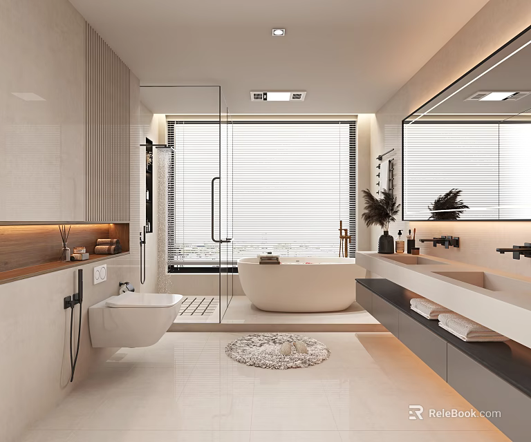 Modern Bathroom Interior With Bathtub Toilet Vanity Mirror Wooden Elements And White Tiles 3d model 