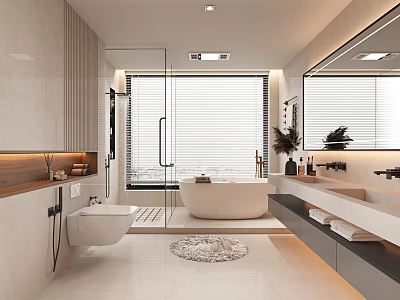 Modern Bathroom Interior With Bathtub Toilet Vanity Mirror Wooden Elements And White Tiles 3d model