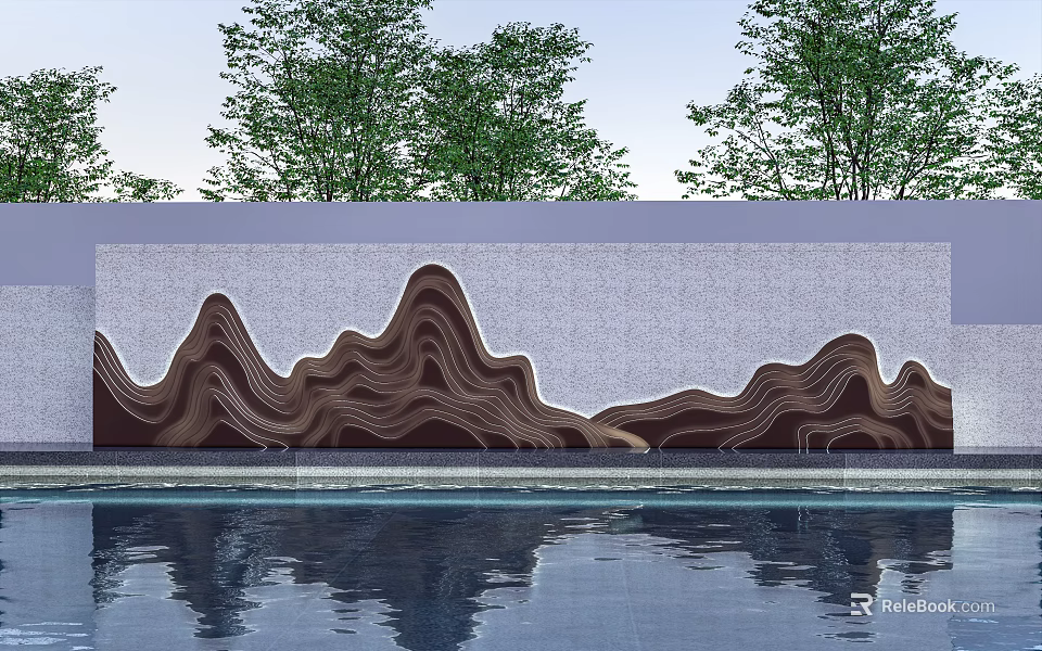 Landscape Wall With Wavy Brown Texture Trees Background And Water Pool Reflection 3d model