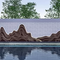 Landscape Wall With Wavy Brown Texture Trees Background And Water Pool Reflection