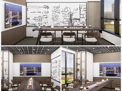 Modern Tea Room Interior With Long Table Chairs Graffiti Whiteboard And Cityscape Paintings 3d model