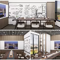Modern Tea Room Interior With Long Table Chairs Graffiti Whiteboard And Cityscape Paintings
