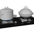 Black Gas Stove With Covered Pot Wok And Blue Flame Kitchen Appliances