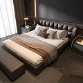 Modern Double Bed With Leather Headboard Pillows Blanket Nightstands And Footstool