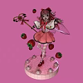 Strawberry Themed Girl Holding Magic Wand on Pink Background with Floating Strawberries and Decorative Base