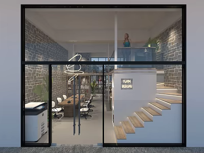 Public Office Space With Brick Walls Glass Doors Conference Table Staircase And Neon Sign Plants 3d model