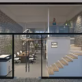 Public Office Space With Brick Walls Glass Doors Conference Table Staircase And Neon Sign Plants