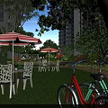 Garden Landscape with Green Lawn Tables Chairs Striped Umbrellas Bicycles Trees Near High Rise Buildings