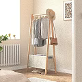 Wooden Storage Cabinet With Hanging Clothes Hat Brown Bag And Storage Basket