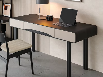 Modern Office Desk With Table Lamp Camera Laptop And Ergonomic Chair On Gray Tiled Floor 3d model