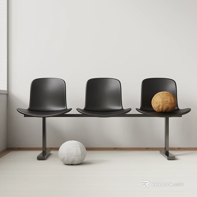Black Three Seat Public Seating With Metal Frame And White Wooden Spheres In Indoor Space 3d model 