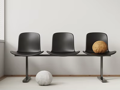 Black Three Seat Public Seating With Metal Frame And White Wooden Spheres In Indoor Space 3d model
