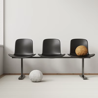 Black Three Seat Public Seating With Metal Frame And White Wooden Spheres In Indoor Space 3d model