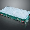Green Industrial Dumpster With Worn Surface And Wheel Base Featuring Red White Reflective Strips
