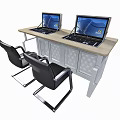 Office Desk With Two Laptops And Black Chair Wooden Top White Frame