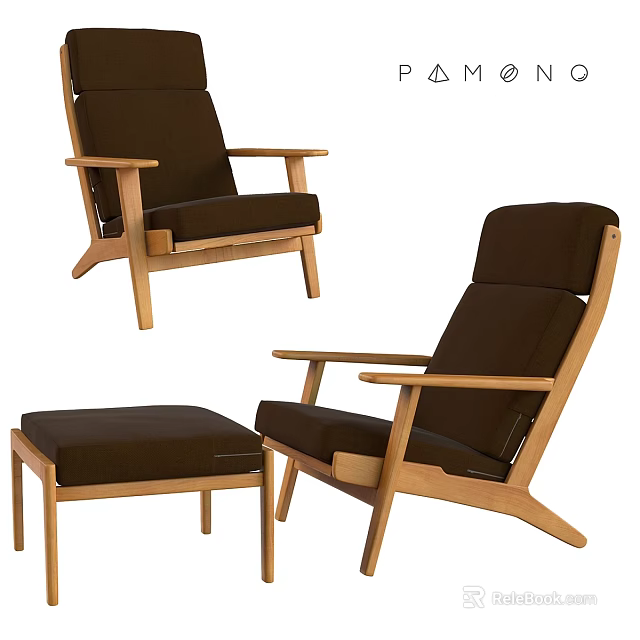 Modern Leisure Chair With Wooden Frame Dark Fabric Cushion And Ottoman 3d model 