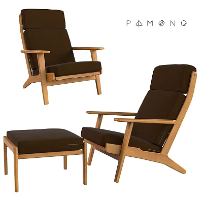 Modern Leisure Chair With Wooden Frame Dark Fabric Cushion And Ottoman 3d model