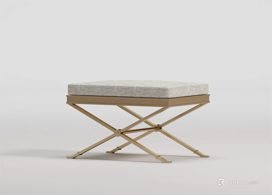 Modern Minimalist Wooden Stool With Crossed Legs And Upholstered Seat 3d model 