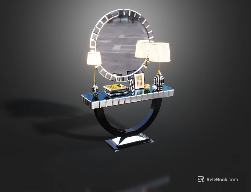 Modern Console Table Interior With Round Mirror Table Lamps And Decorative Items 3d model 