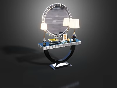 Modern Console Table Interior With Round Mirror Table Lamps And Decorative Items 3d model