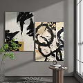 Modern Abstract Painting Wall Art With Black Brush Strokes Circular Patterns And Gold Tones