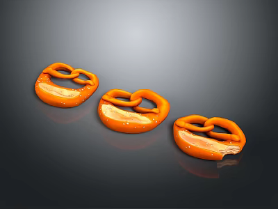 Salted Orange Pretzels Arranged In Row With Glossy Surface On Dark Background 3d model