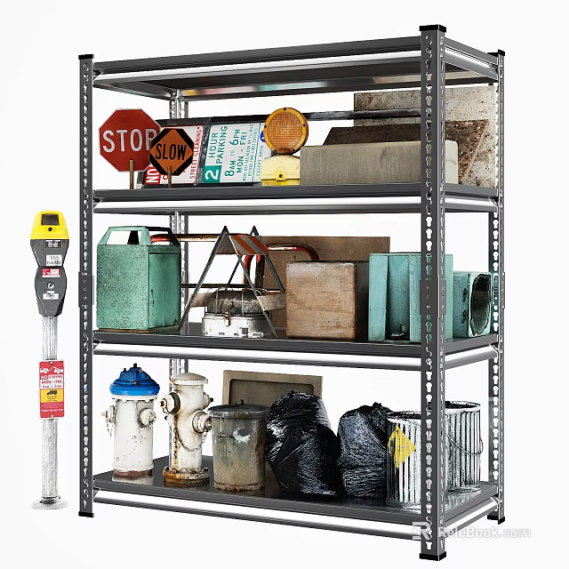 Household Supplies Storage Shelf With Parking Signs Fire Hydrant Garbage Bags And Wooden Boxes 3d model 