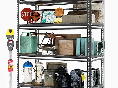 Household Supplies Storage Shelf With Parking Signs Fire Hydrant Garbage Bags And Wooden Boxes 3d model