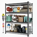 Household Supplies Storage Shelf With Parking Signs Fire Hydrant Garbage Bags And Wooden Boxes