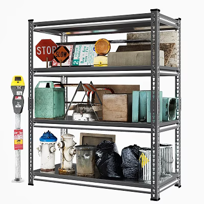 Household Supplies Storage Shelf With Parking Signs Fire Hydrant Garbage Bags And Wooden Boxes 3d model