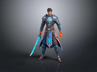 Man Wearing Shiny Blue Armor Holding Glowing Sword with Orange Gloves 3d model