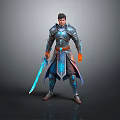 Man Wearing Shiny Blue Armor Holding Glowing Sword with Orange Gloves