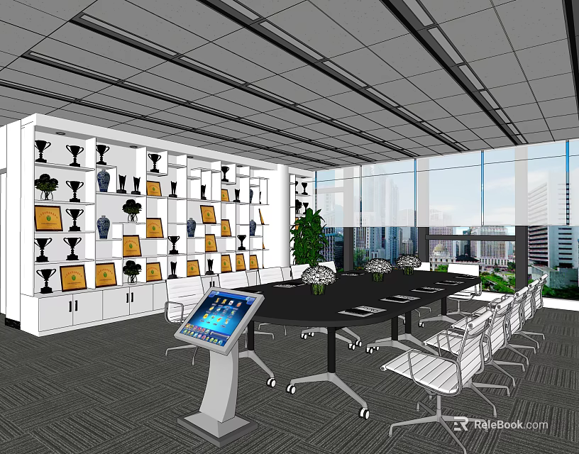 Modern Conference Room With Trophy Cabinet Large Windows City View Smart Device And Green Plants 3d model 