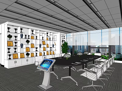Modern Conference Room With Trophy Cabinet Large Windows City View Smart Device And Green Plants 3d model