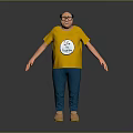 3D Male Character With Bald Head Glasses Yellow T-shirt Let's Go Logo Blue Pants Brown Shoes