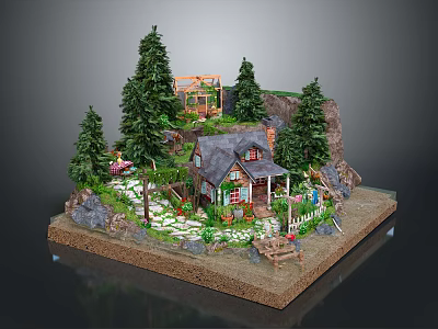 Scenic Landscape With Small House Pine Trees White Fence And Garden Path 3d model