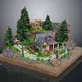 Scenic Landscape With Small House Pine Trees White Fence And Garden Path