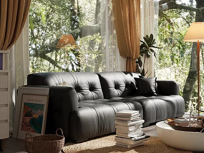 Modern Living Room Featuring Black Leather Sofa Floor To Ceiling Windows And Natural View 3d model